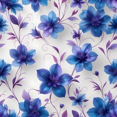 Floral Design, Vibrant Blooms, A Delicate Dance Of Blue And Purple Petals. Glossy Reflections Enhance This Beautiful Pattern. Soft Tones. Elegant And Vibrant.