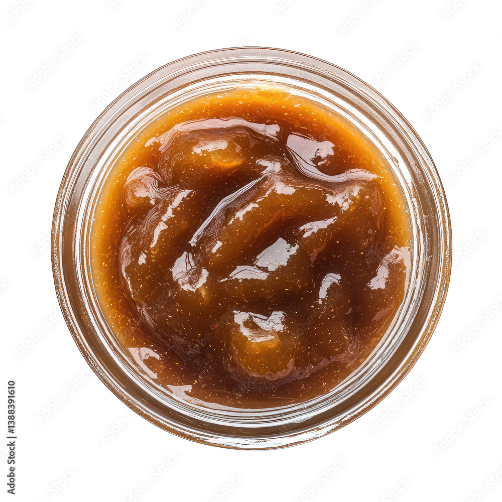 Poster a jar filled with a thick brownish fruit spread likely a type of jam or preserve showcasing its glossy texture and chunks of fruit within ideal for spreading on toast or using in desserts
