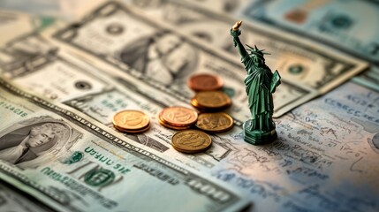 Money coin, statue of liberty. Tax season. Tax return. Concept.