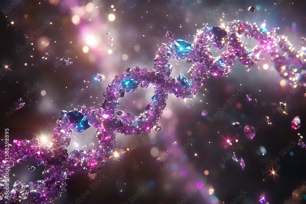 Poster sparkling dna helix structure with purple and blue crystal fragments floating in dark space, glowing
