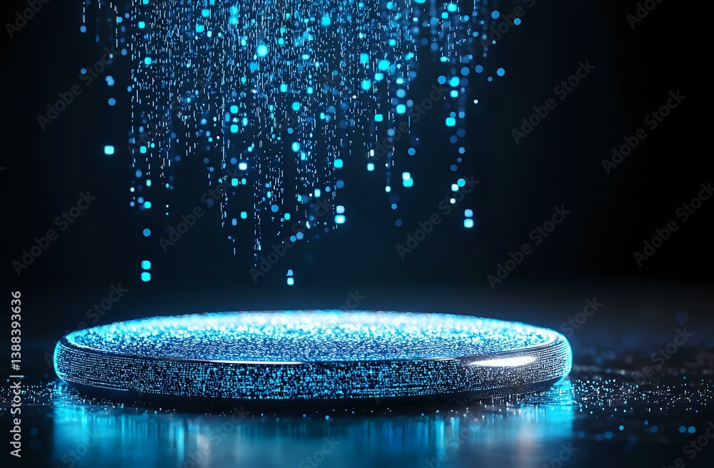 Aufkleber glowing blue particles falling onto illuminated round platform against dark background, creating mag