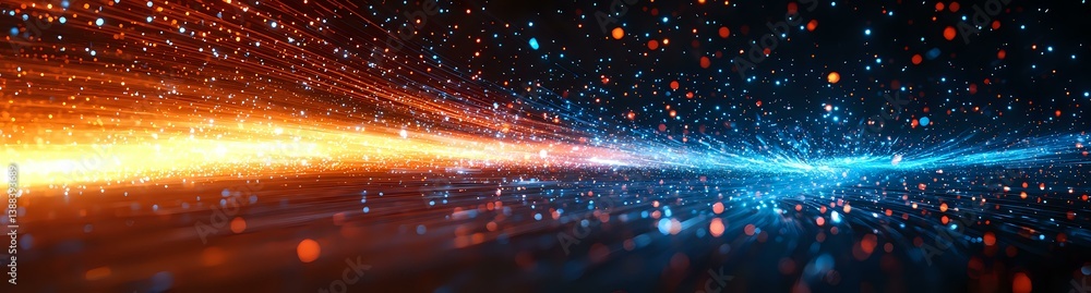 Poster glowing orange and blue light trails with sparkling particles create dynamic motion effect against d