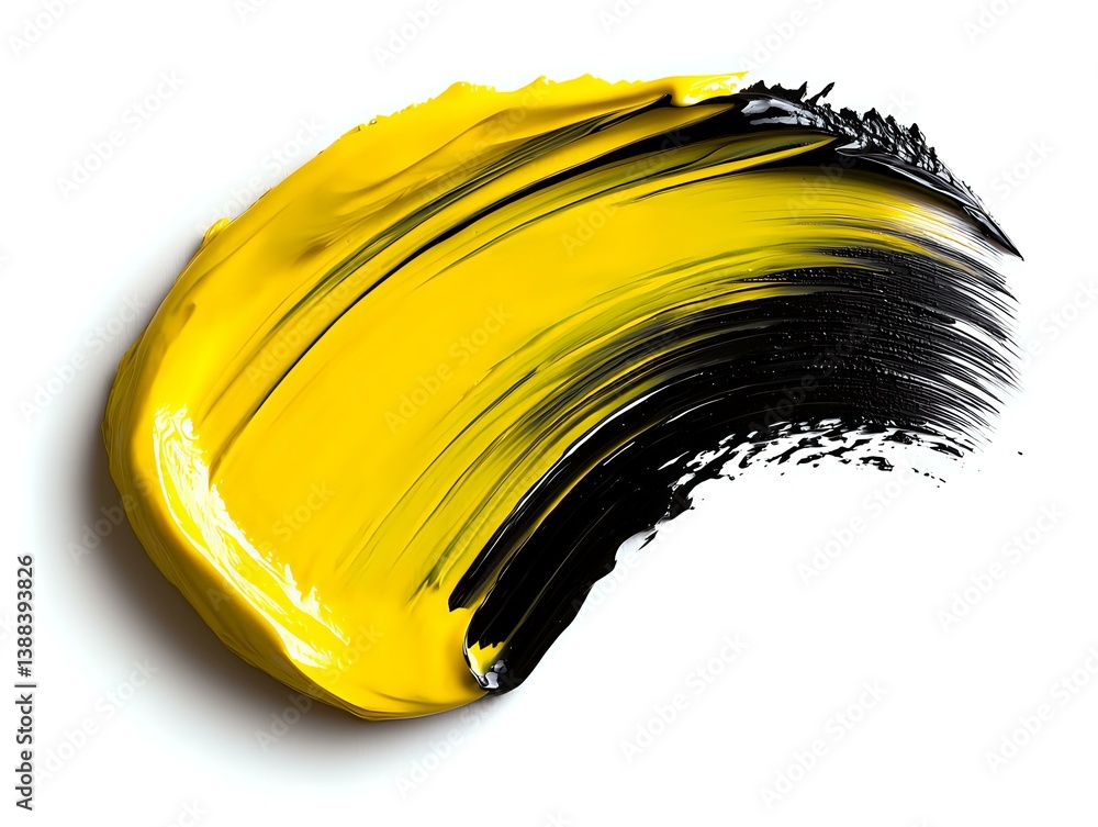 Poster yellow and black curved brush stroke on white background, dynamic paint smear with glossy texture sh