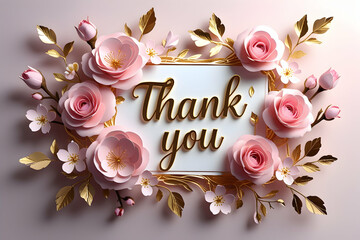 Elegant floral thank you card with 3D paper-cut style. Soft pastel pink roses and cherry blossoms intertwined with gold metallic leaves. Luxurious, delicate typography in gold reading 'Thank you' at t