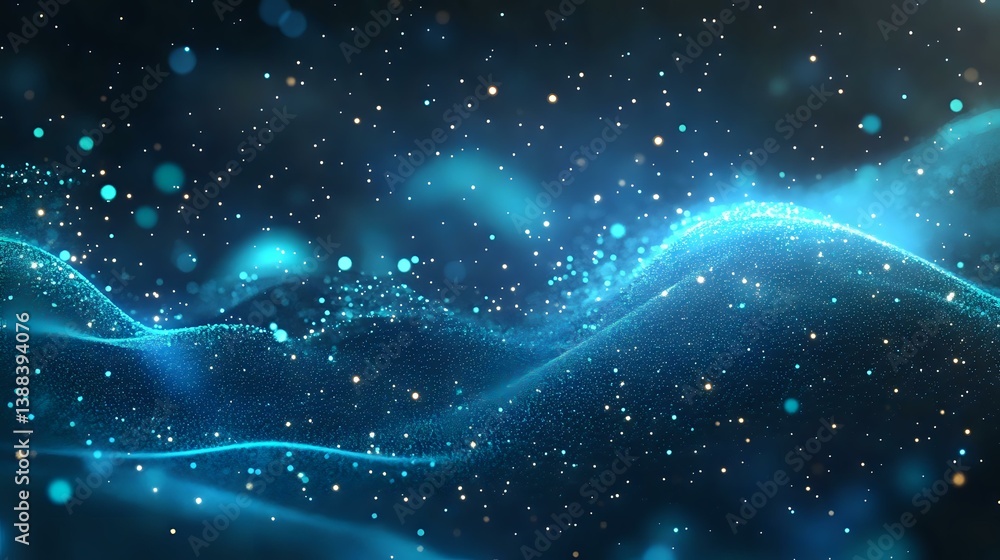 Aufkleber glowing blue waves of light dance across dark space with sparkling particles and bokeh effects creat