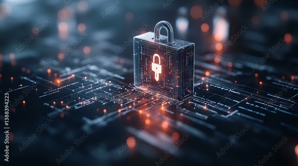 Poster glowing padlock icon on digital circuit board with orange light effects and depth of field, represen