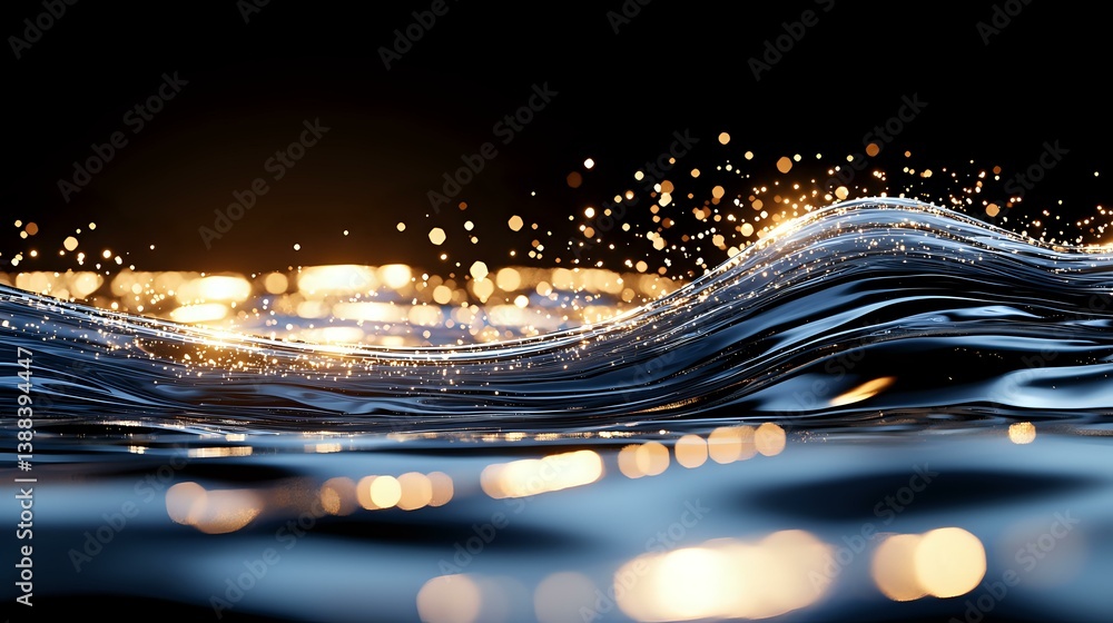 Poster mesmerizing wave surface with golden bokeh lights and water splashes against dark background, creati
