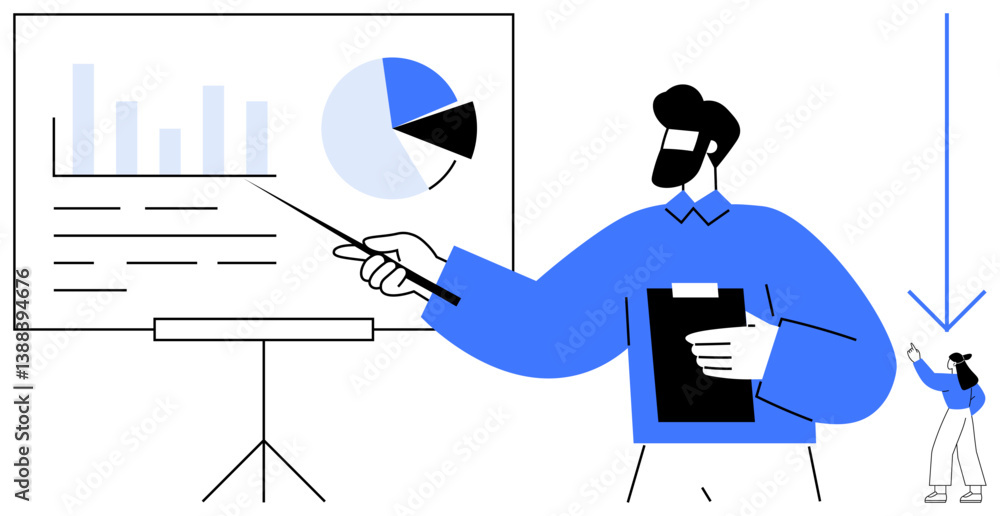 Poster man with clipboard pointing at graphs and pie chart in a meeting. ideal for business, analytics, pla