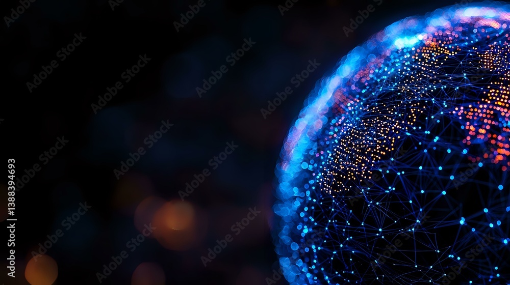 Poster glowing digital globe with blue and orange particle effects against dark background, representing gl