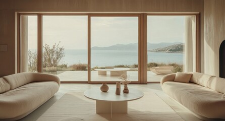 A living room with a view of the ocean outdoors