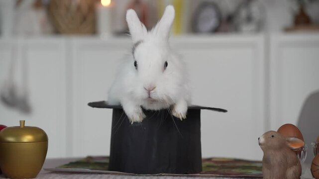 White fluffy bunny sitting in magic hat easter and holiday decoration concept