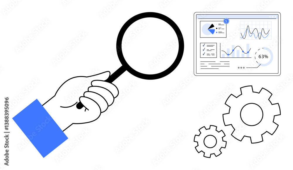 Poster hand examining data analytics and graphs on a screen with magnifying glass, accompanied by gear icon