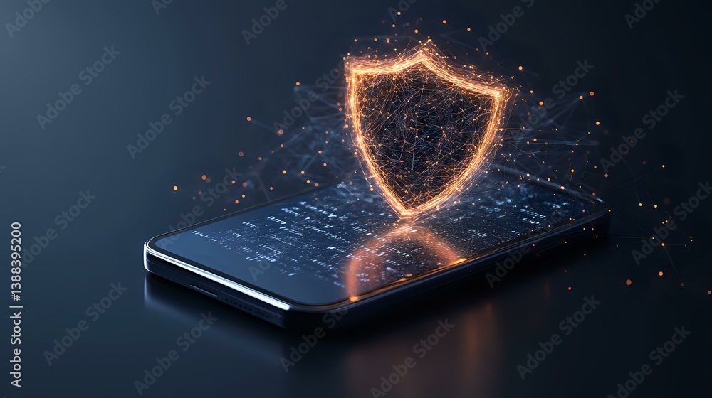 Poster glowing shield protection symbol floating above smartphone screen with digital network connections i