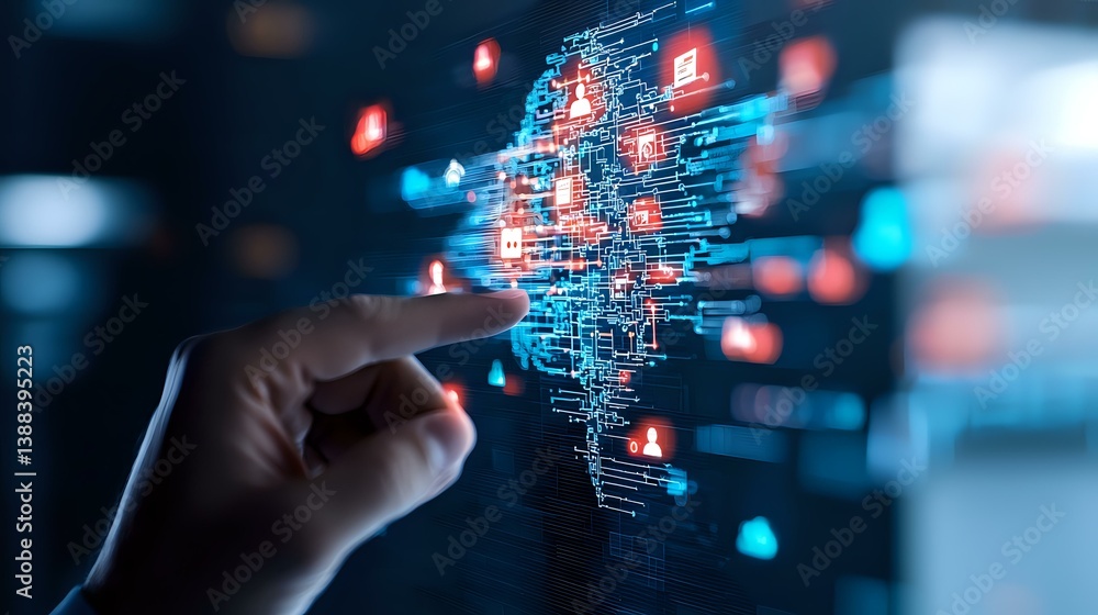 Poster finger pointing at glowing digital world map with connection points and network lines, technology co