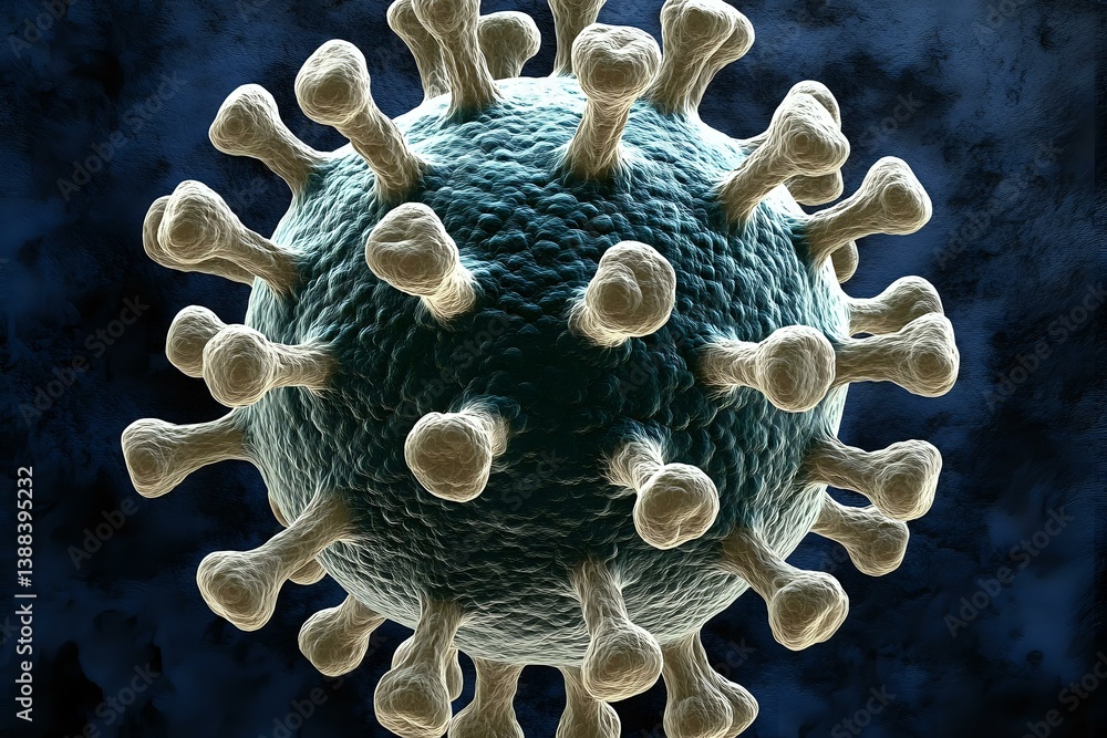 Poster microscopic view of coronavirus structure showing spherical viral particle with characteristic spike