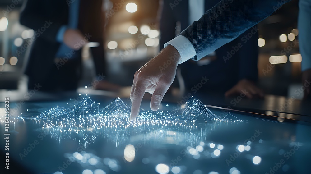 Poster businessman touching digital interface with glowing network visualization on dark table surface, fut