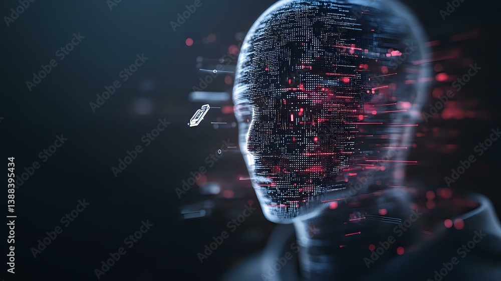 Poster digital head silhouette with glowing red data streams and particles emerging from face profile, repr