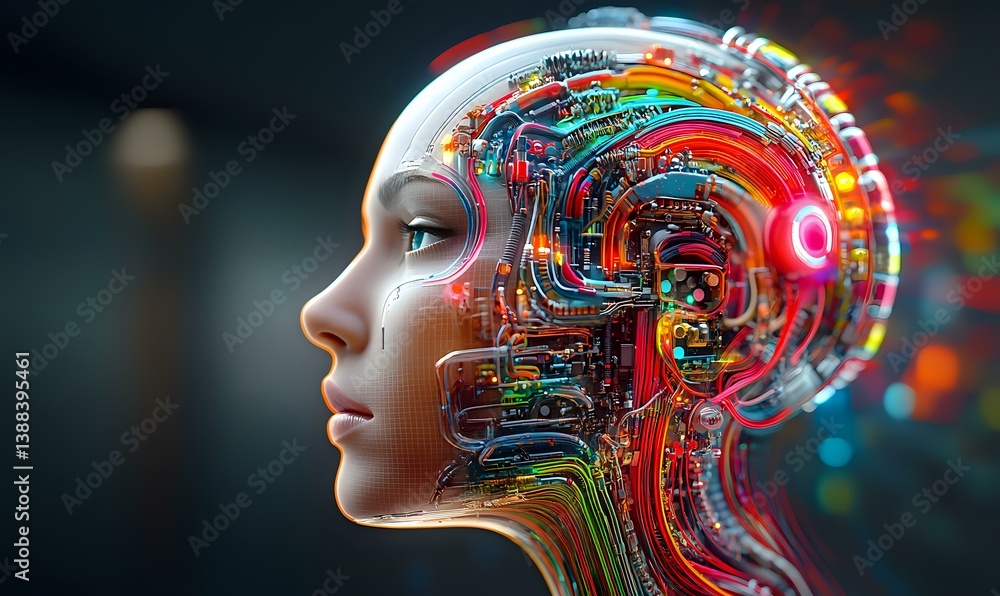 Poster female profile with futuristic cybernetic augmentations showing colorful technological circuits, neu
