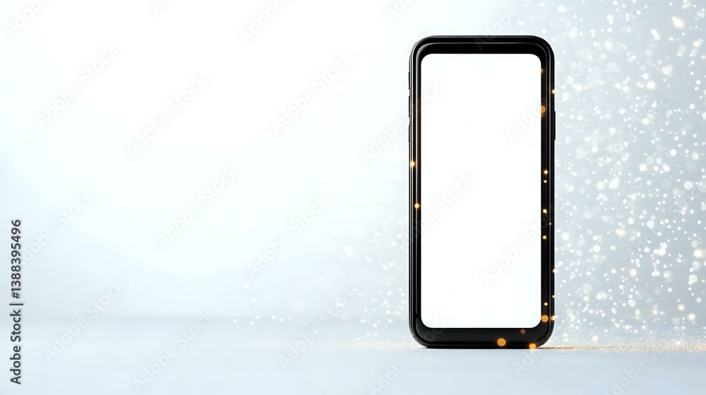 Poster modern smartphone with blank white screen on light background with glitter bokeh effect, isolated mo