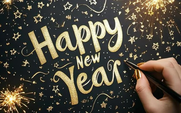 A hand writing "Happy New Year" on a card, with fireworks exploding in the background Clean, vibrant lighting