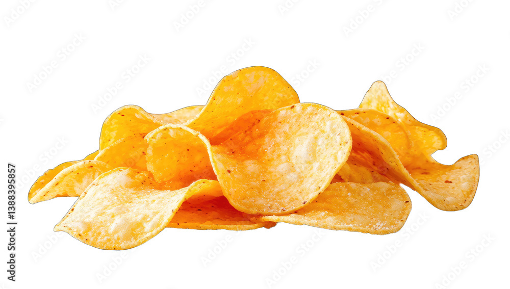 Poster a close-up view of a pile of crispy golden potato chips showcasing their irregular shapes and textur
