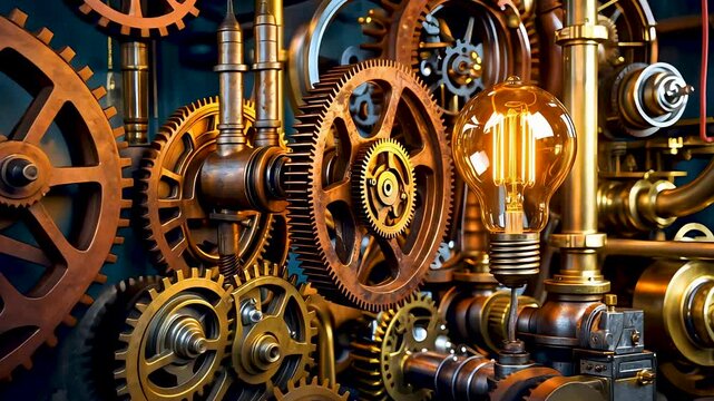 Vintage steampunk gear system with glowing lightbulb in mechanical machinery