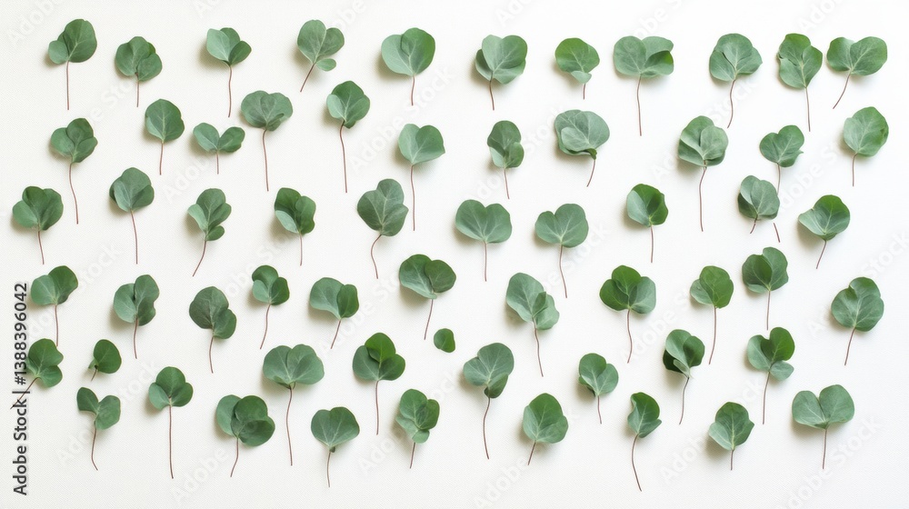 Poster Structured arrangement of eucalyptus leaves on a soft white surface creating a fresh botanical minimalism aesthetic