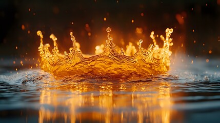 Crown-shaped water splash with golden light and fire sparks against dark background, dramatic liquid collision creating royal crown effect in water surface.