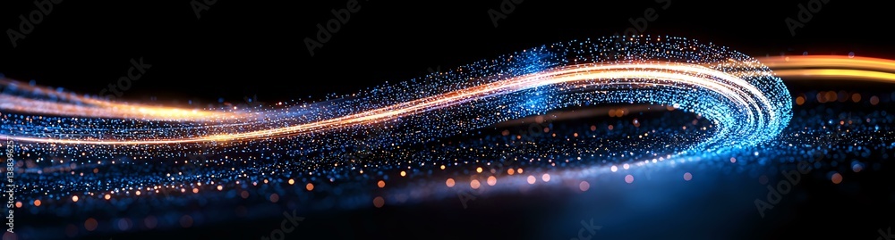 Poster glowing blue and orange light trails with sparkles against black background create dynamic motion ef