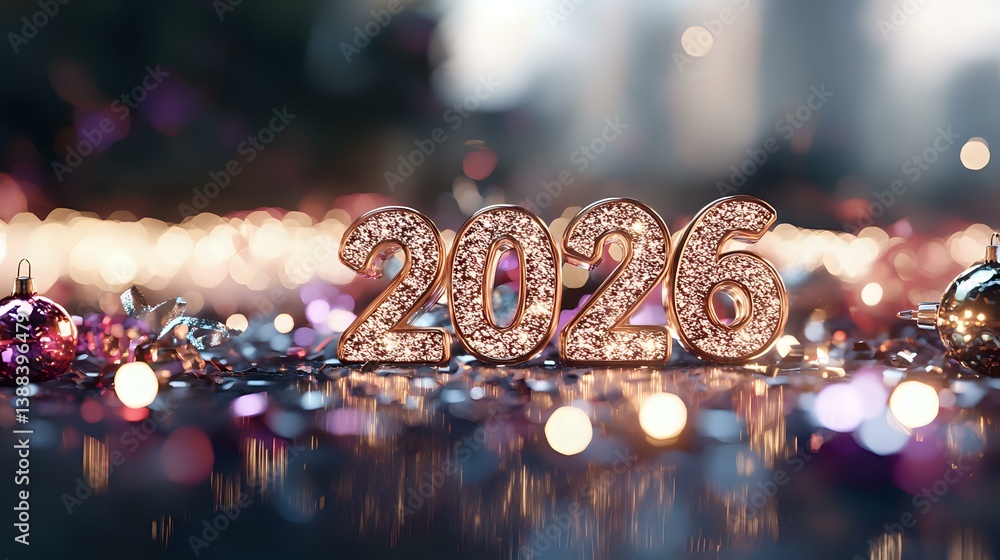 Poster sparkling rhinestone numbers 2026 with bokeh lights reflection on glossy surface amid purple and gol