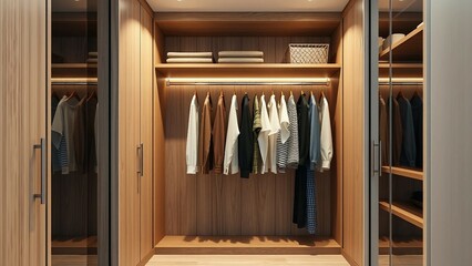 Modern wooden wardrobe with clothes hanging on rail in walk in closet design interior 3D render