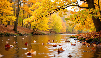 Obraz premium Calm river with floating autumn leaves, serenity in nature
