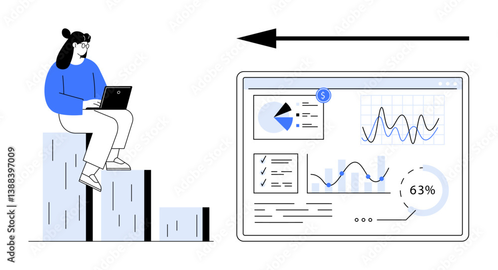 Poster woman sitting on bar graph using laptop, analyzing screen displaying pie chart, line graph, and stat