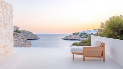 Coastal terrace lounge with ocean view.  Tranquil outdoor seating area overlooking a serene bay