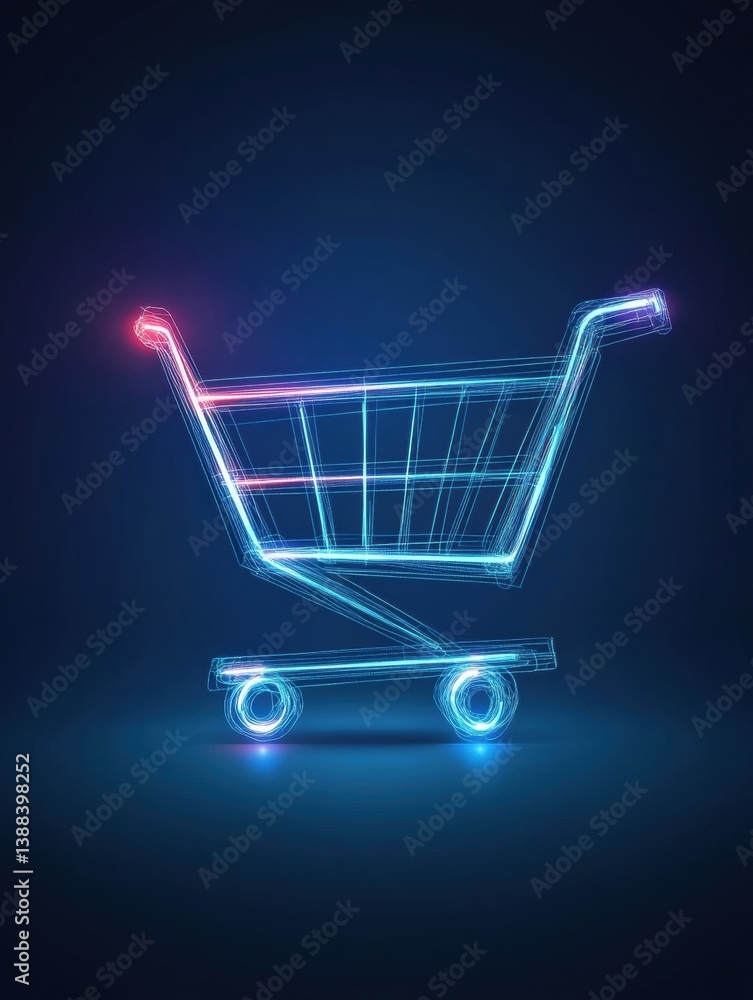 Poster sleek shopping cart icon with glowing digital lines on deep blue gradient background enhancing futur