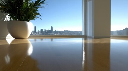 Modern, bright interior with city view.  A spacious room featuring a large window showcasing a cityscape.  Natural light illuminates the polished wooden floor, reflecting the surroundings.