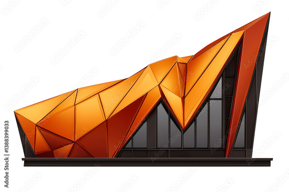 Poster a modern architectural structure with striking geometric design features angular, orange panels and 