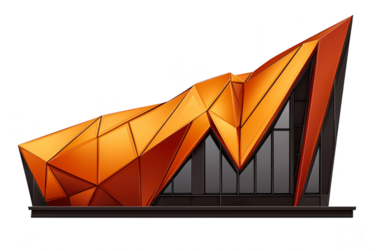 A modern architectural structure with striking geometric design features angular, orange panels and large glass windows, creating dynamic and futuristic appearance
