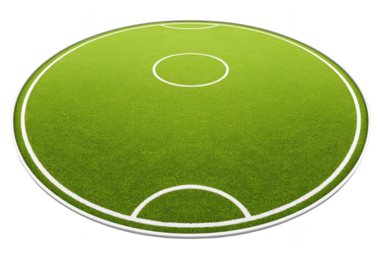 A circular green soccer field with white markings, including center circle and goal areas, is depicted. vibrant grass and clear lines create dynamic and inviting sports environment
