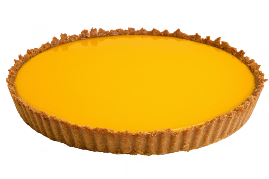 A delicious, vibrant yellow tart with smooth filling and crumbly crust, perfect for dessert lovers. glossy surface adds inviting touch to this sweet treat