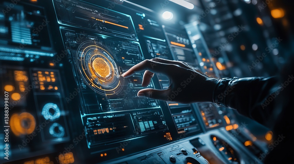 Poster hand interacting with a futuristic touch screen interface in a dark cockpit environment with bright 