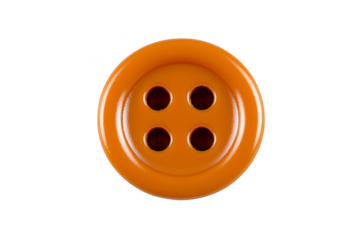 An orange button with four holes is displayed against plain background, showcasing its glossy finish and circular shape. button is suitable for sewing projects or crafts
