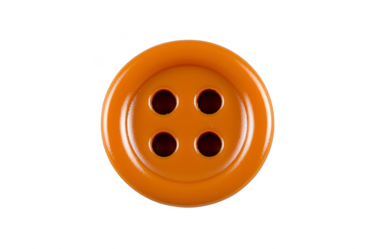 An orange button with four holes is displayed against plain background, showcasing its glossy finish and circular shape. button is suitable for sewing projects or crafts - Powered by Adobe