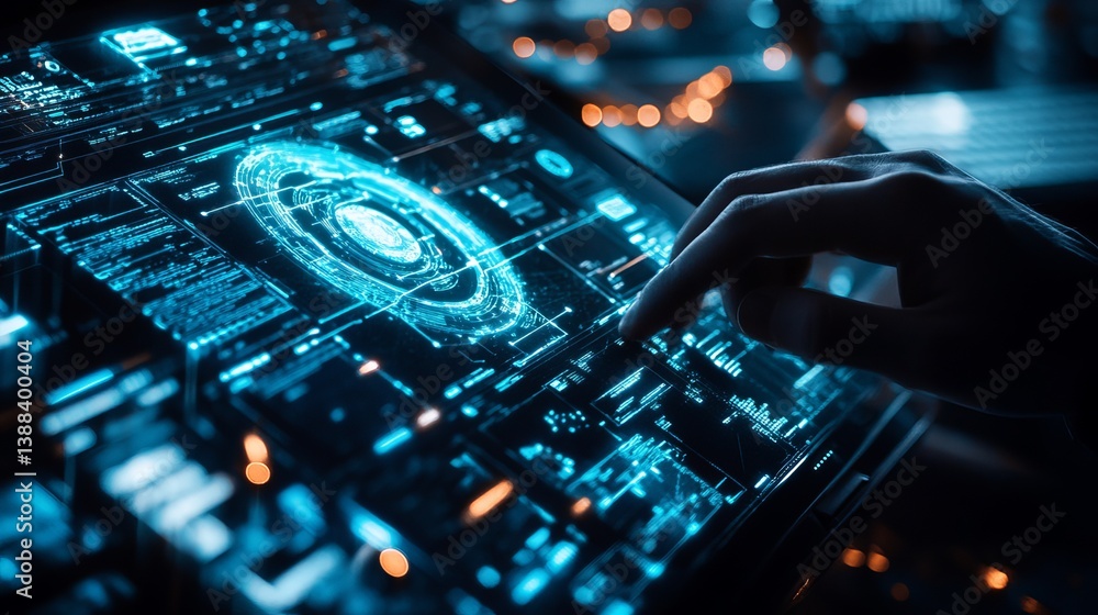 Poster a hand interacting with a glowing blue futuristic interface on a digital screen display panel