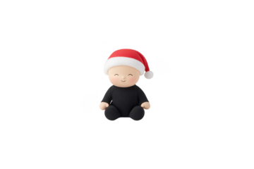 A cute figurine wearing red Santa hat and black outfit sits with cheerful expression, embodying festive holiday spirit. simple design and joyful demeanor make it perfect for Christmas decor