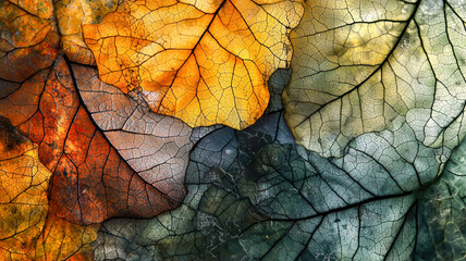 Autumn leaves show a mosaic of colors from rust and gold to gray-green, their intricate vein patterns creating a delicate web.