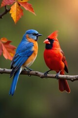 Obraz premium Eastern bluebird & red cardinal on branch, vibrant autumn colors , sun, colors, leaves