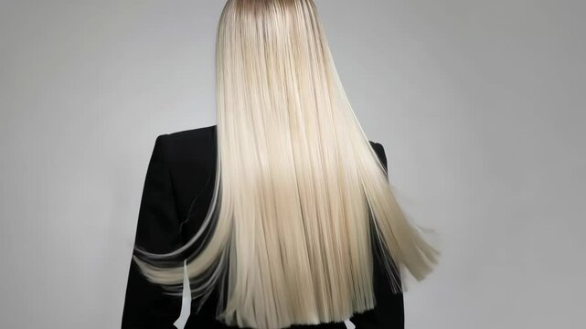 Back view. The girl's long blonde straight hair is beautifully blown by the wind.