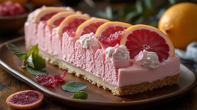 Pink grapefruit dessert slices on a rectangular crust.