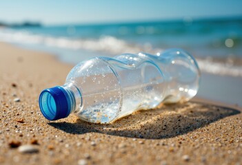 A plastic water bottle lying on the sandy beach near the ocean
